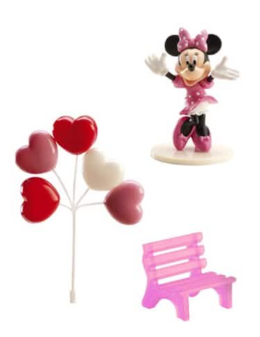 Kit za dekoracije za torte Minnie s figuricom ružičaste klupe i baloni srca