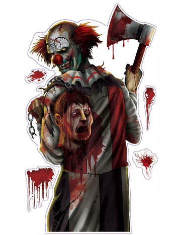 Autocollant clown ensanglanté pour Halloween avec hache et tête coupée