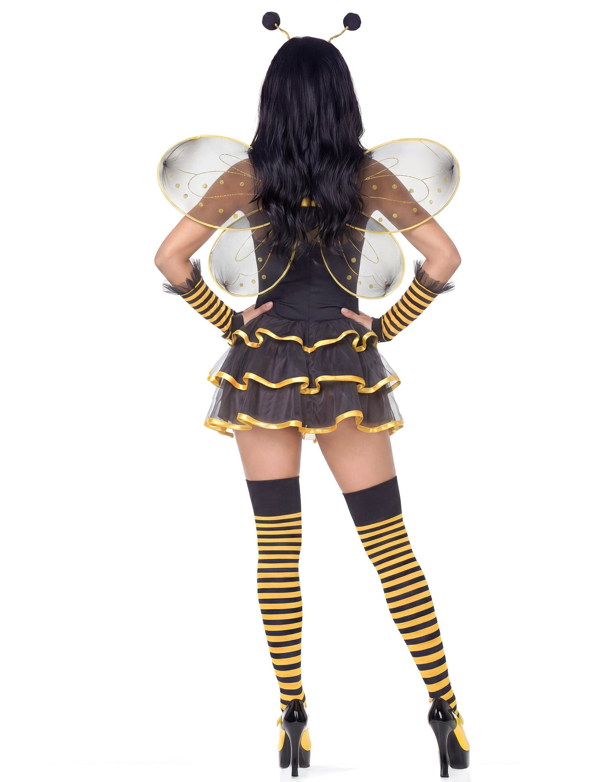 Déguisement d'abeille sexy pour femme noir et jaune vue de dos avec ailes et bas rayés