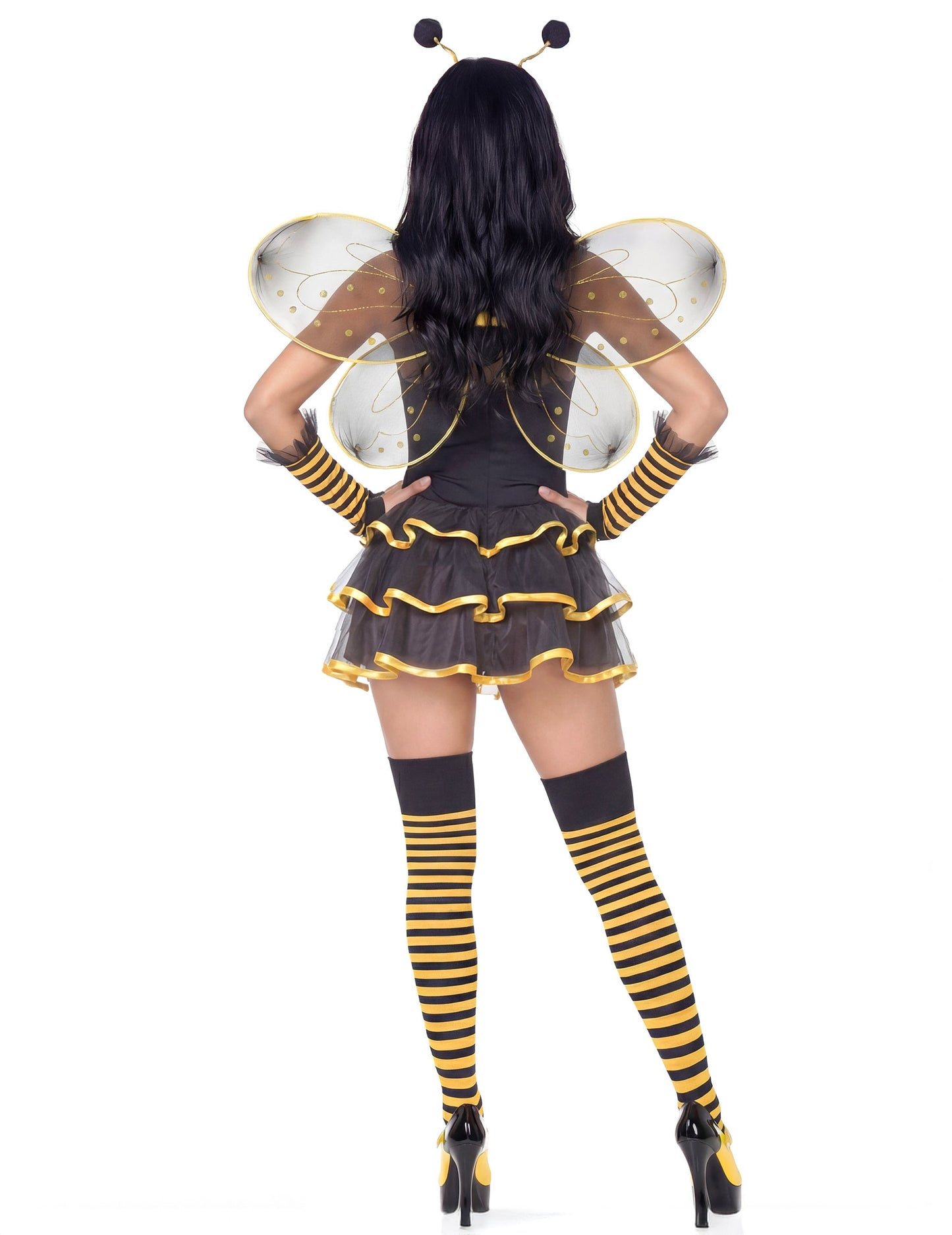 Déguisement d'abeille sexy pour femme noir et jaune vue de dos avec ailes et bas rayés