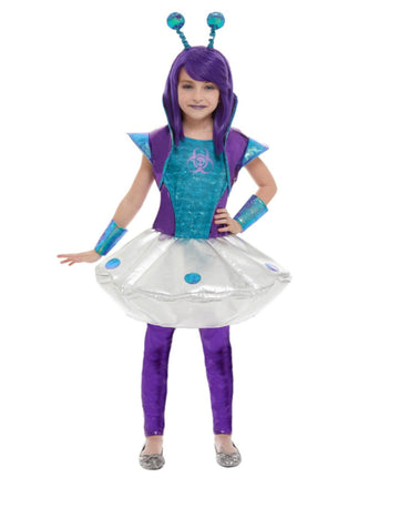 Déguisement d'alien pour fille bleu et violet avec jupe soucoupe volante