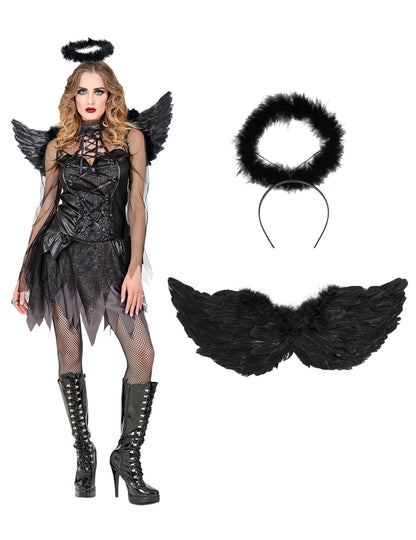 Détail des ailes et de l'auréole du déguisement ange noir pour femme