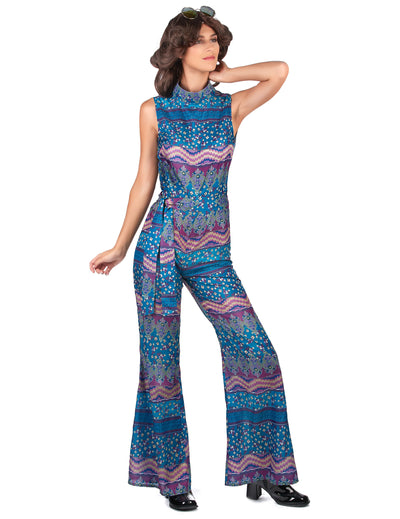Déguisement années 70 pour femme bleu à motifs vintage