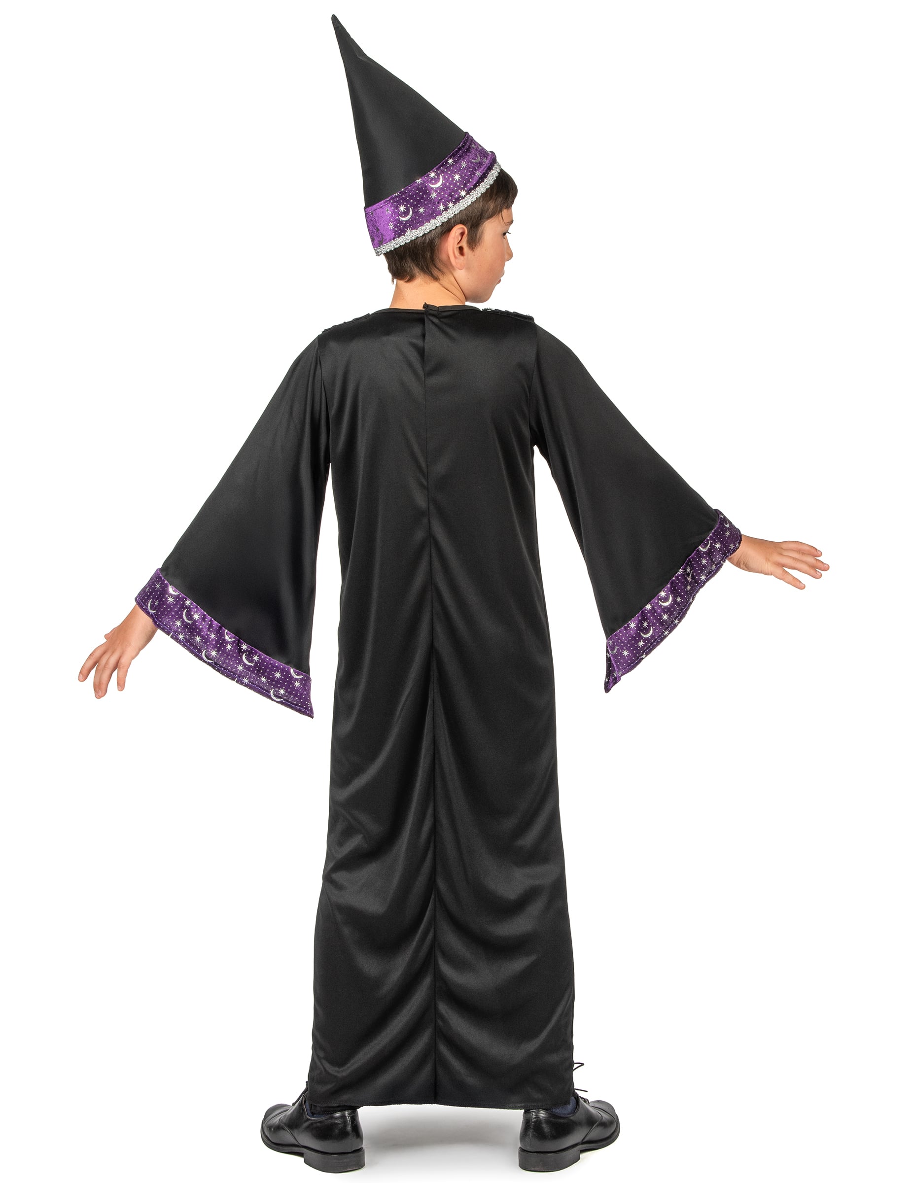 Déguisement d'apprenti sorcier pour enfant noir et violet avec chapeau pointu
