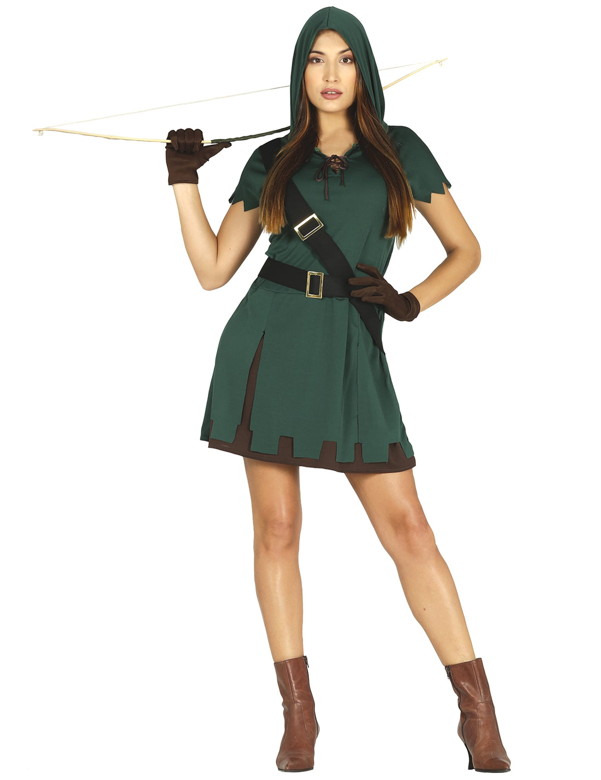 Déguisement d'archer pour femme vert avec capuche et arc