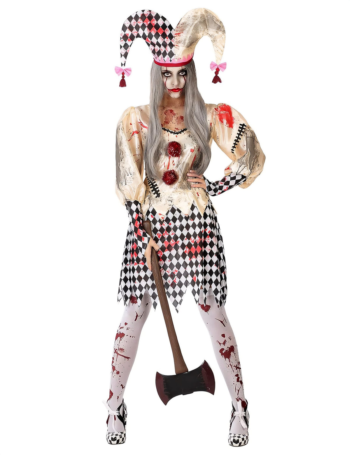 Déguisement arlequin ensanglanté pour femme noir et blanc avec taches de sang