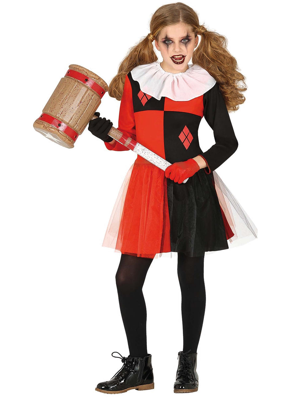 Déguisement d'Arlequine pour fille noir et rouge avec collerette blanche