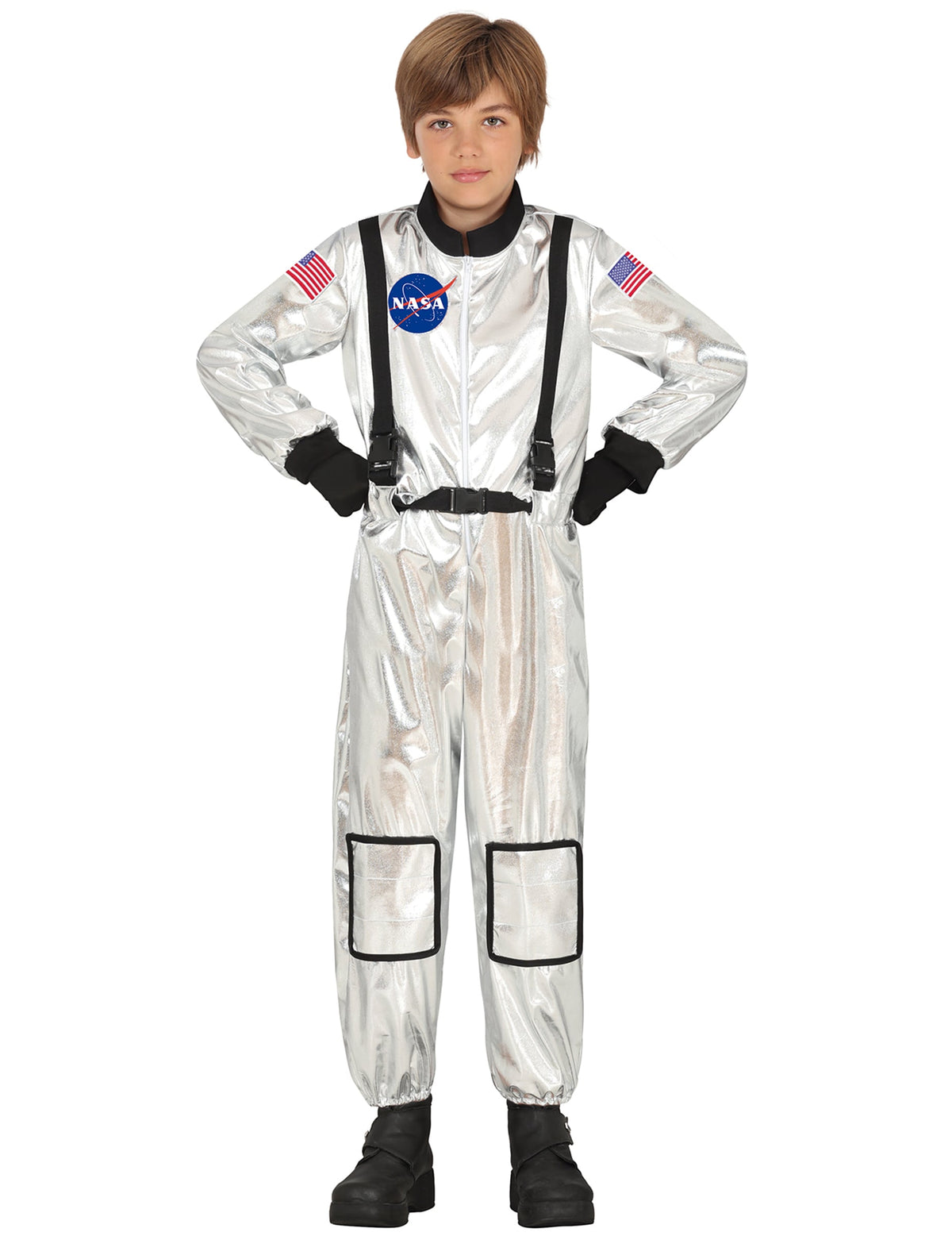 Déguisement d'astronaute pour enfant argenté avec logo NASA et bretelles noires