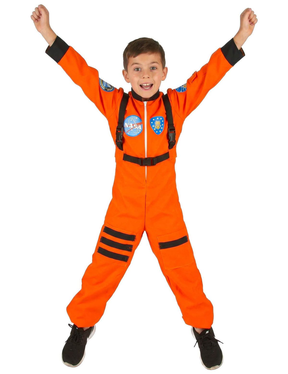 Kostim astronauti za dječak narančasta s crna pojasom i NASA zakrpama