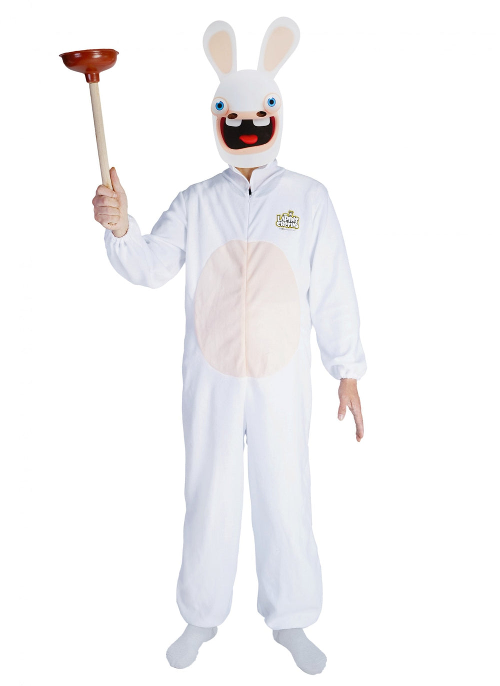 Déguisement avec masque Lapins Cretins pour adulte blanc avec ventouse