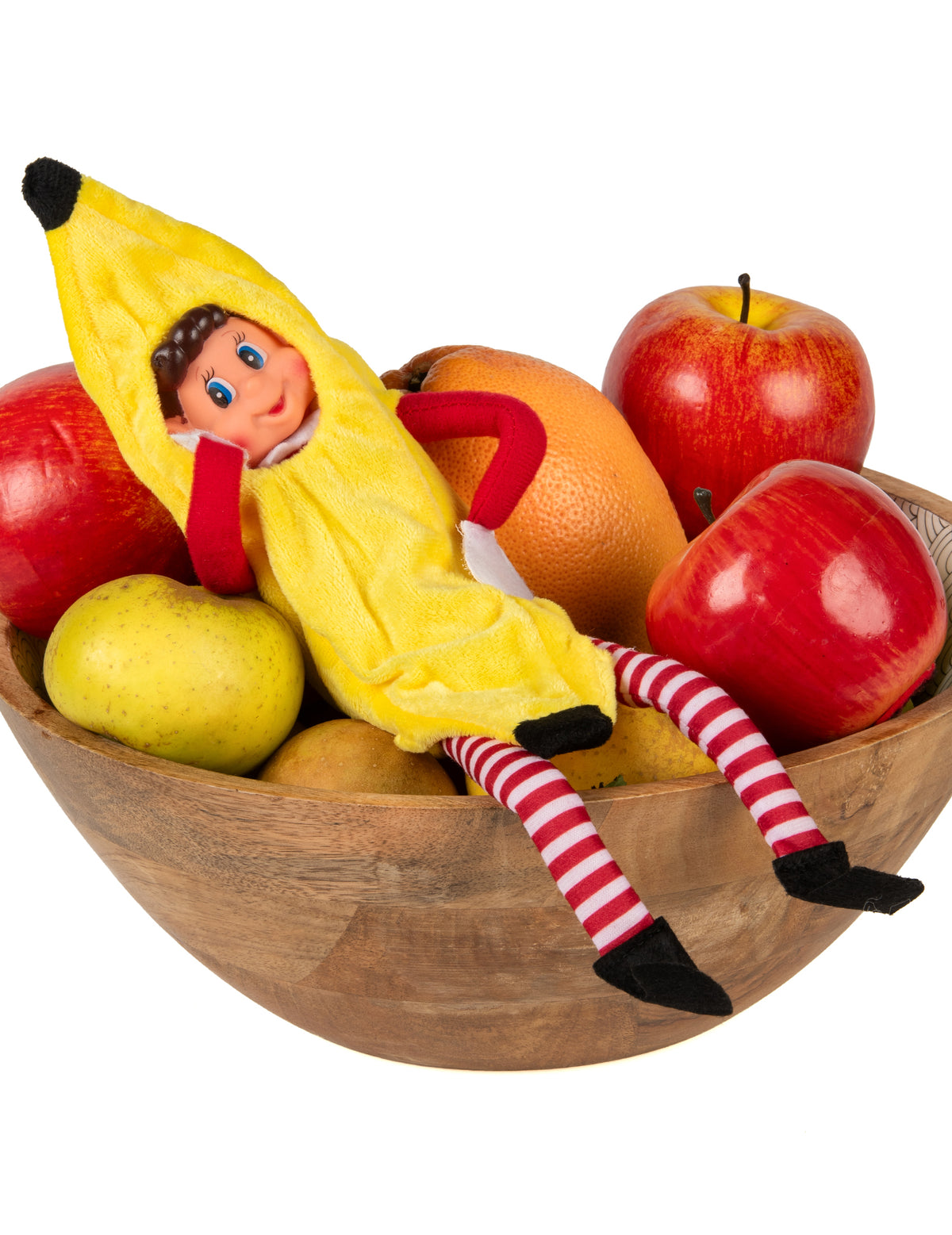 Mise en situation dans une corbeille de fruits du déguisement de banane pour poupée lutin farceur