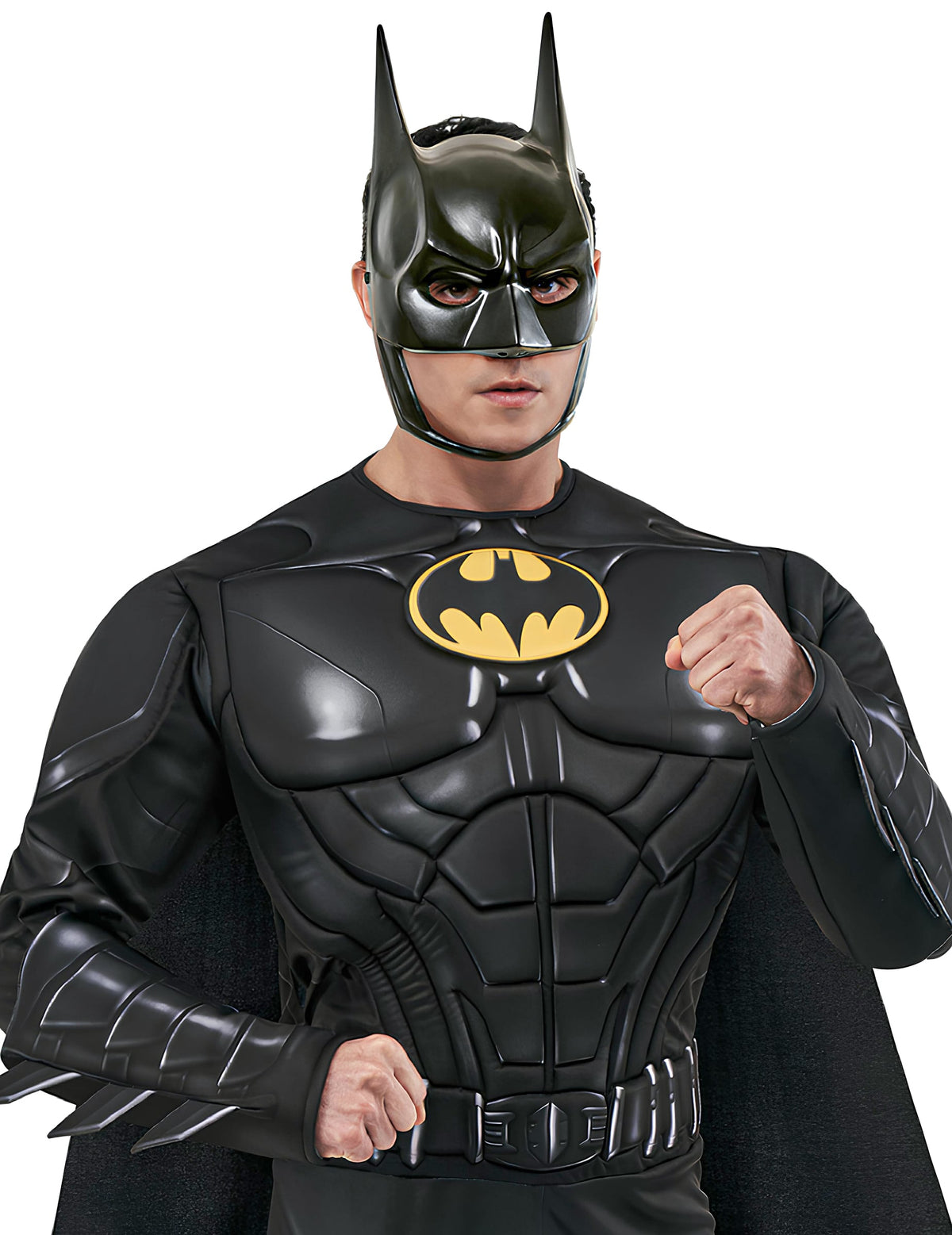 Gros plan sur le masque et le buste du déguisement Batman 1989 Luxe
