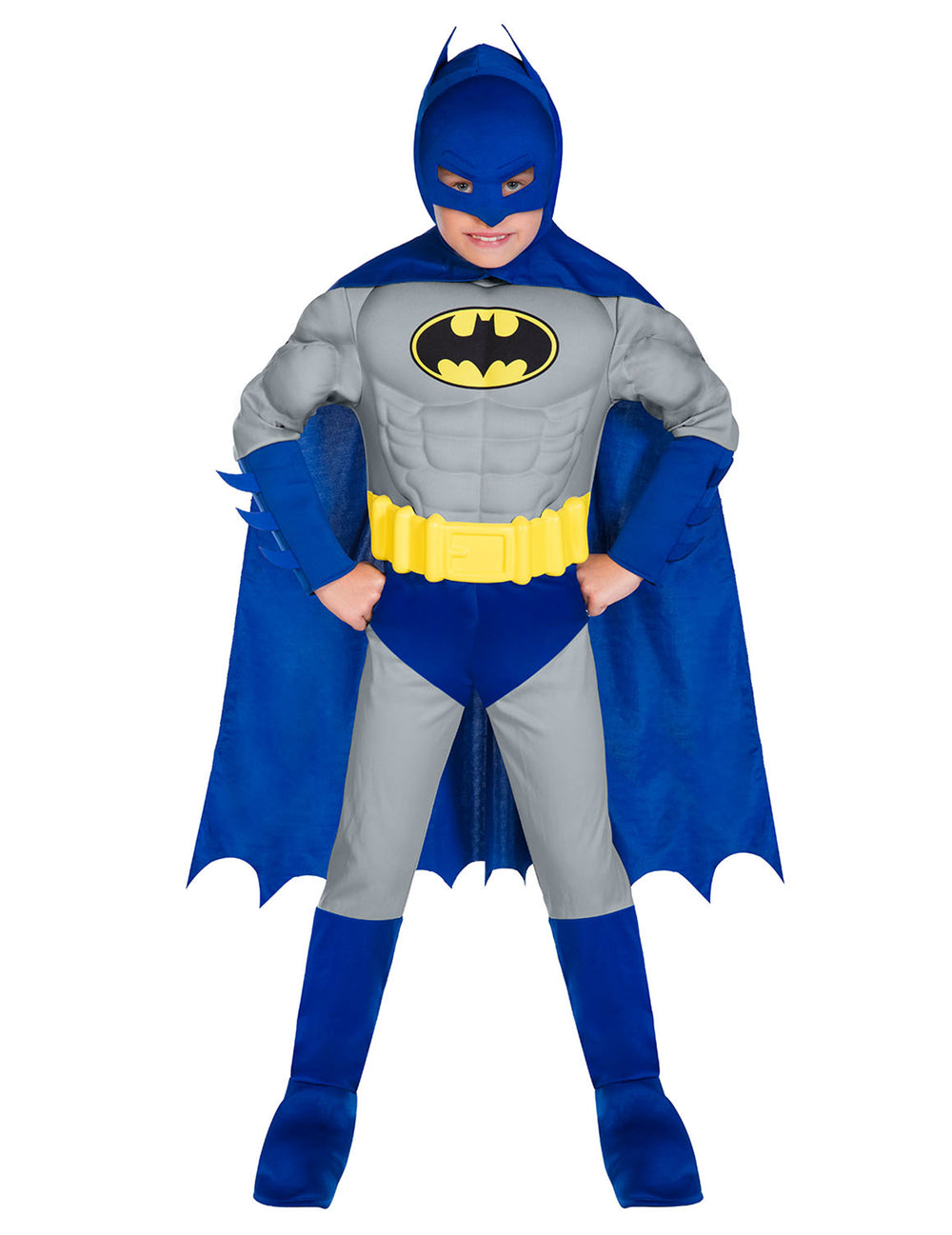 Déguisement Batman Musclé pour enfant bleu et gris avec ceinture jaune