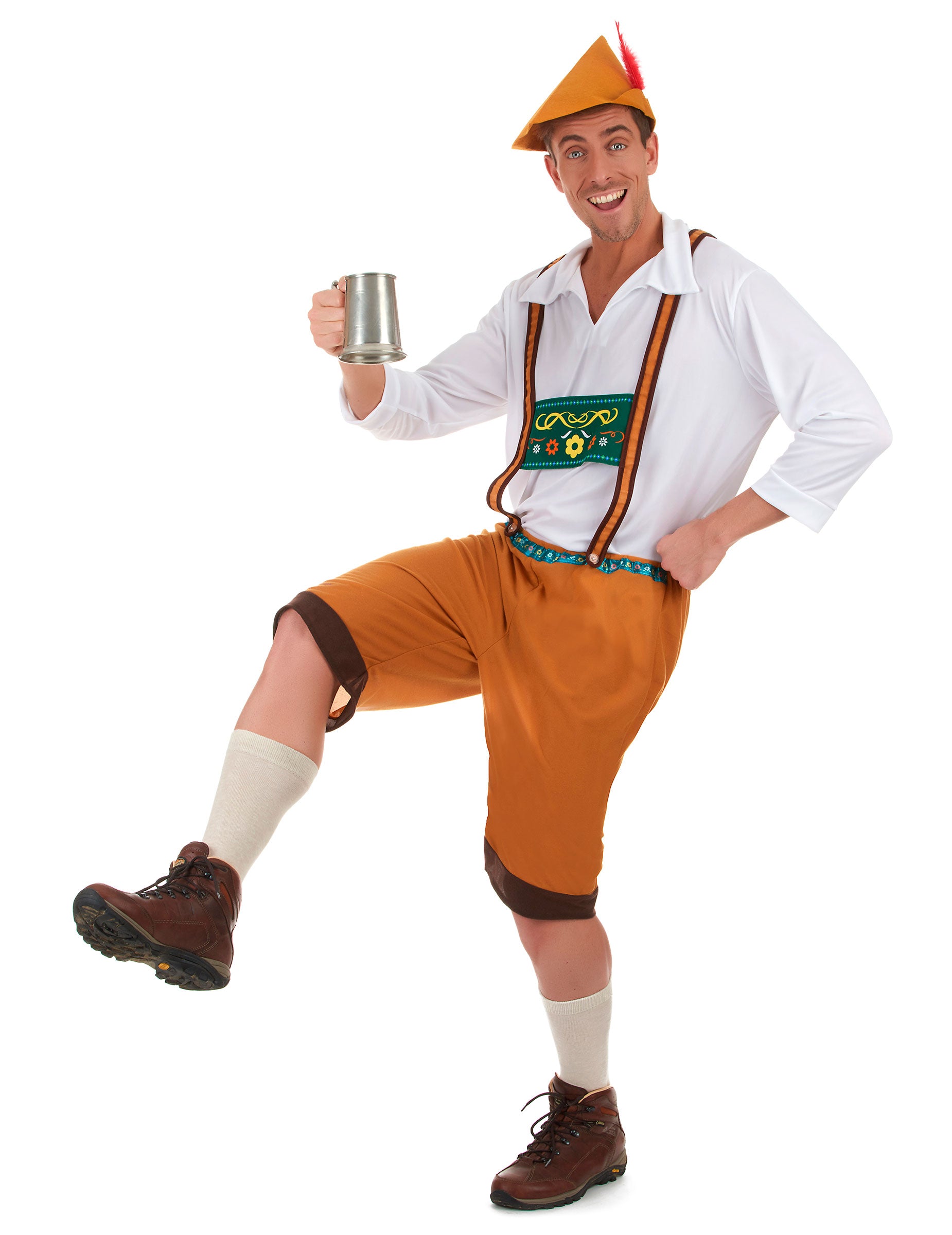 Déguisement de Bavarois pour homme marron avec chemise blanche et chapeau