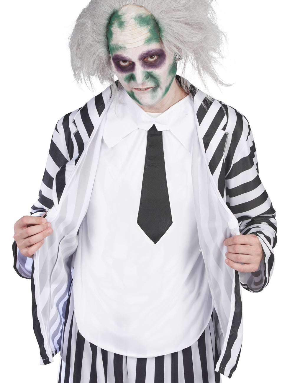 Détail de la veste et de la cravate du déguisement Beetlejuice pour homme
