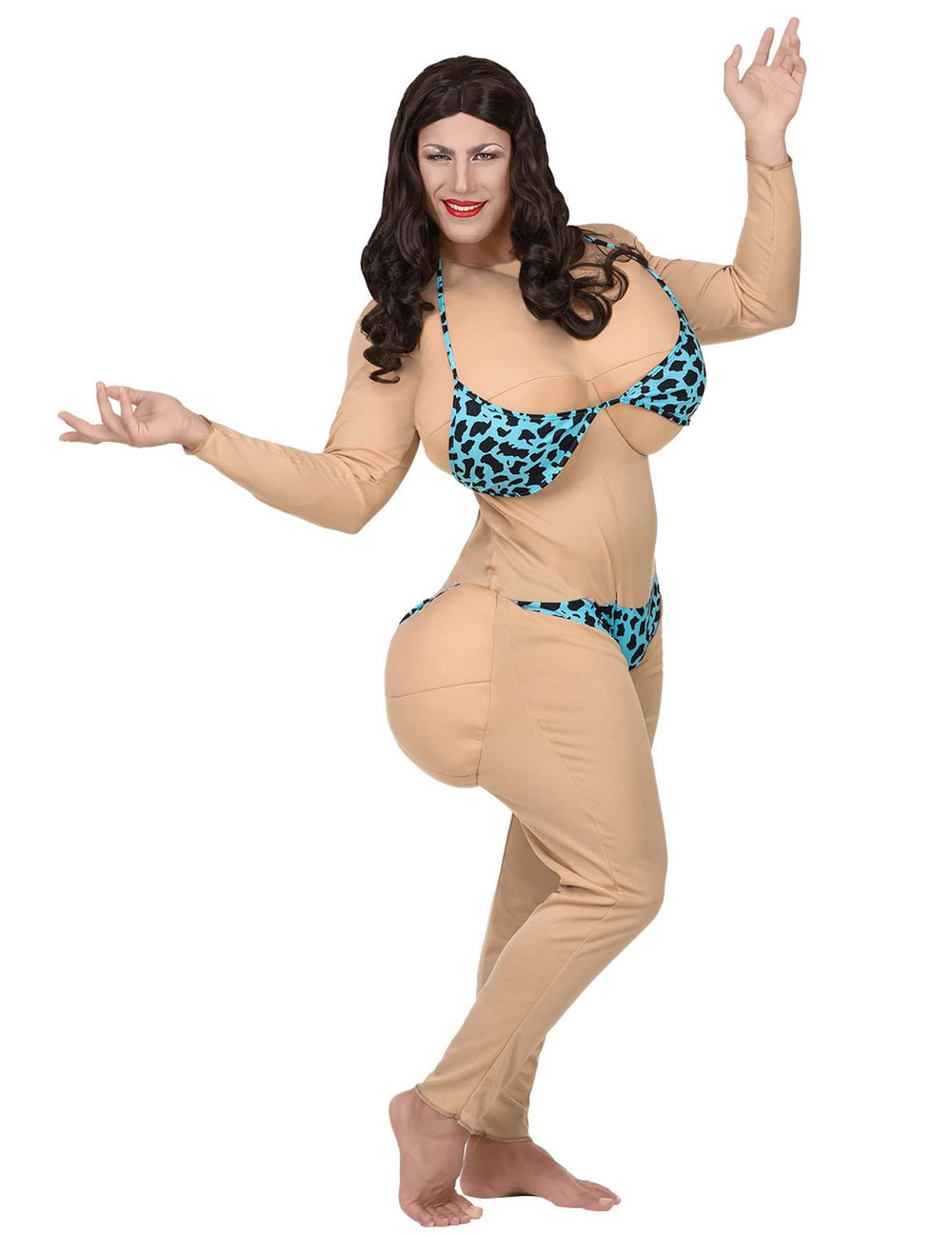 Kostim bimbo za plažu za odrasli boje mesa s plavim leopard uzorkom i podstavljenim bikinijem