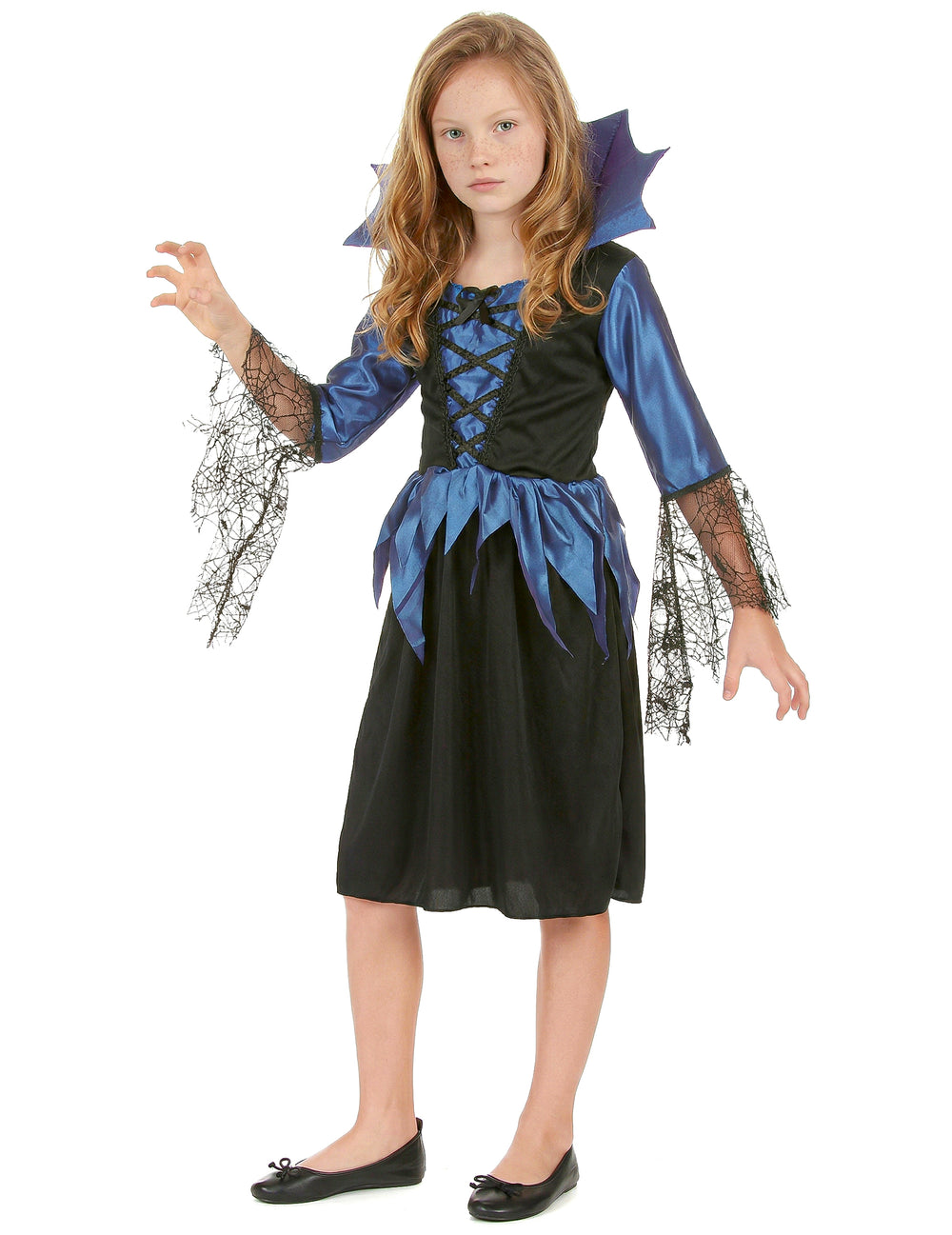 Déguisement de reine araignée pour fille bleu et noir avec manches en toile d'araignée