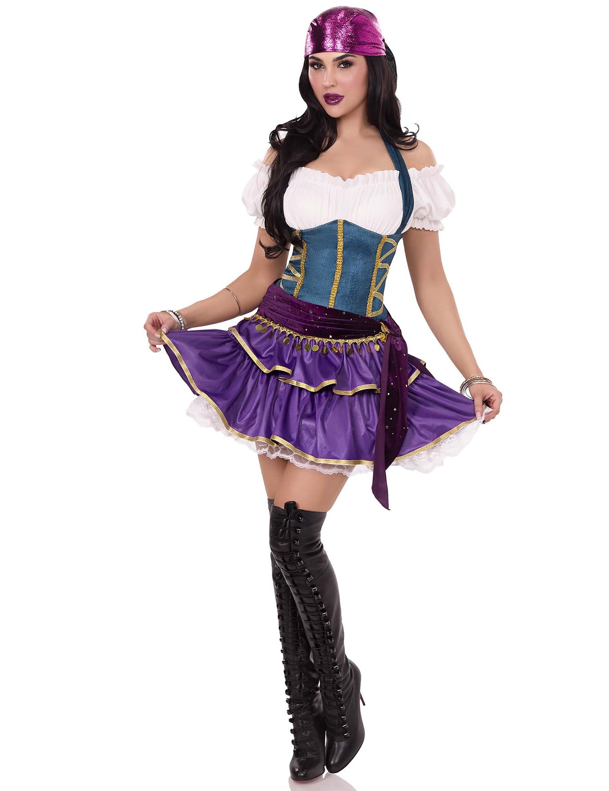 Déguisement bohémienne sexy luxe pour femme violet et bleu avec bustier et bandana