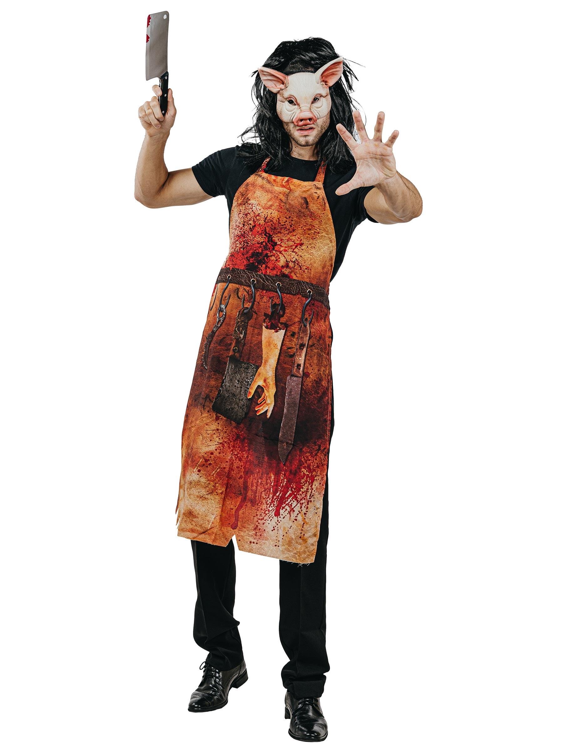 Déguisement boucher ensanglanté Halloween pour adulte marron et rouge avec tablier et masque de cochon