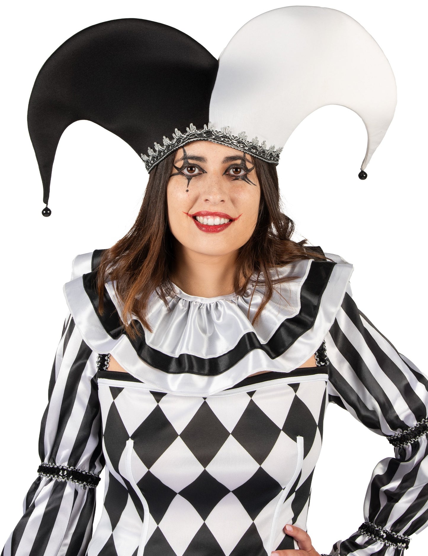 Luksuzni ženski kostim zlokobnog crno-bijelog dvorske lude 