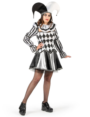 Luksuzni ženski kostim zlokobnog crno-bijelog dvorske lude 