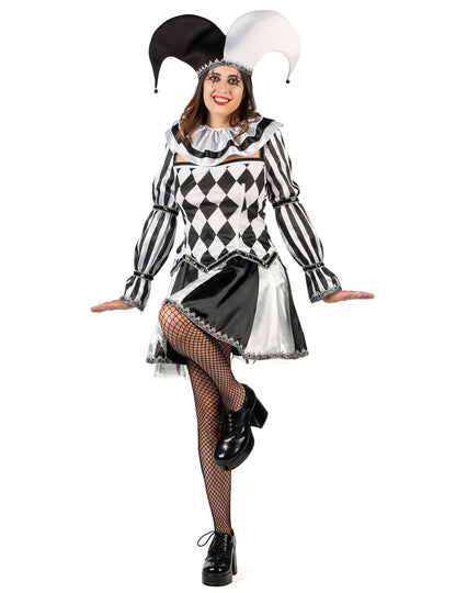 Luksuzni ženski kostim zlokobnog crno-bijelog dvorske lude 