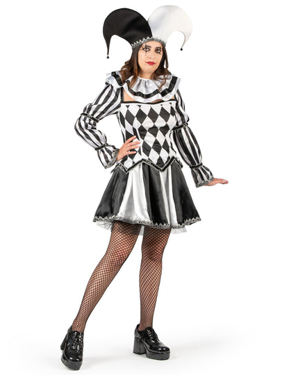 Luksuzni ženski kostim zlokobnog crno-bijelog dvorske lude 
