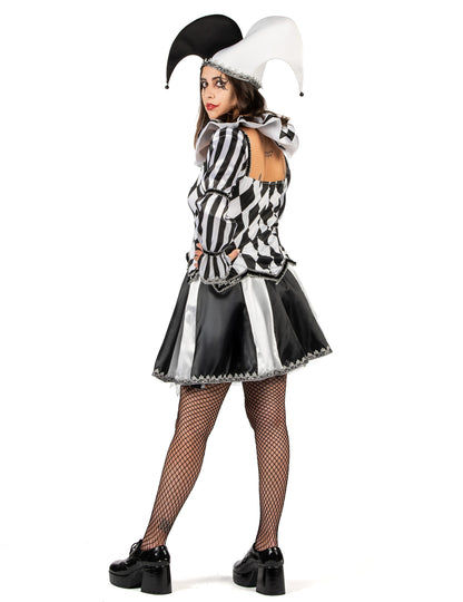 Luksuzni ženski kostim zlokobnog crno-bijelog dvorske lude 