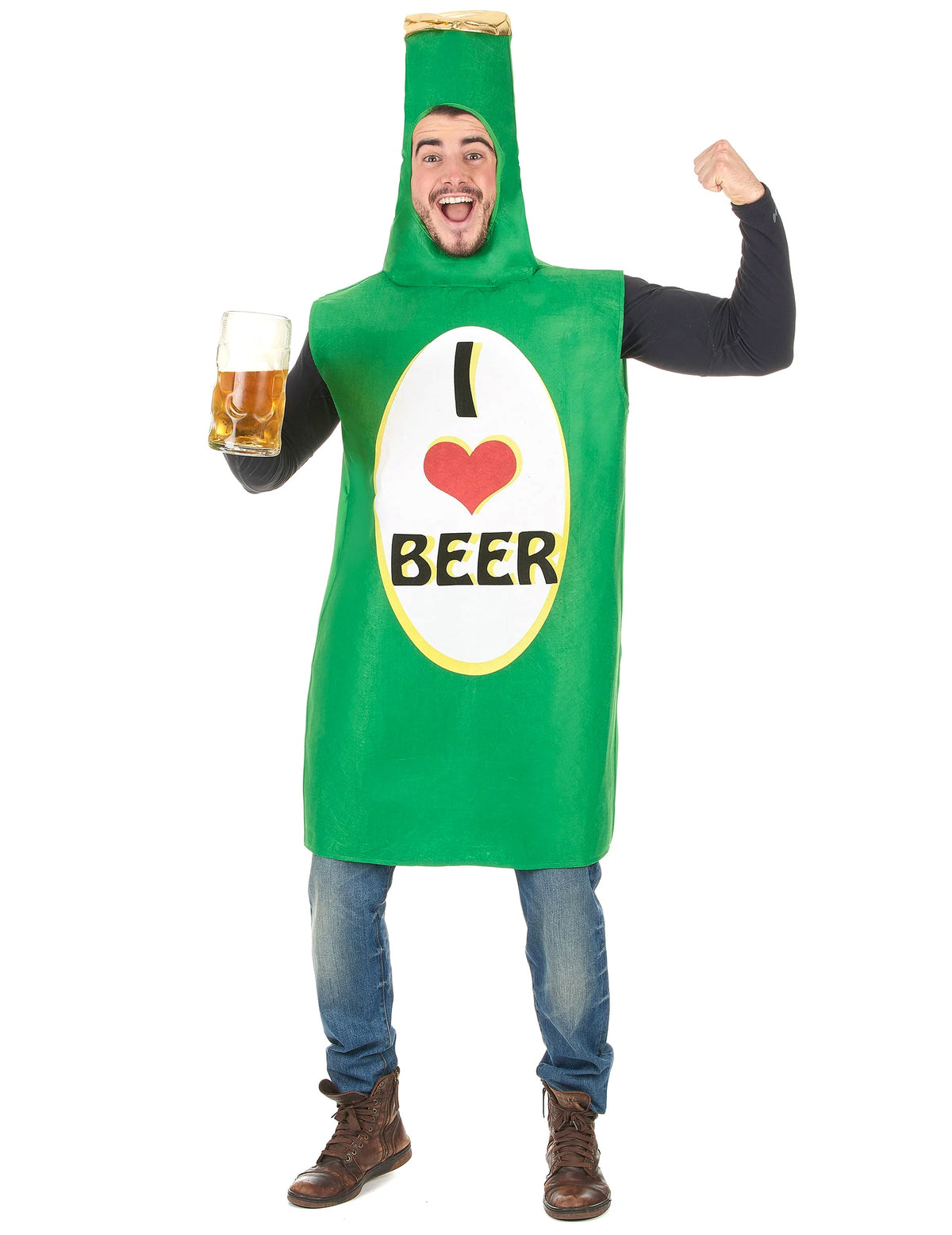 Déguisement bouteille de bière pour adulte verte avec étiquette I love beer