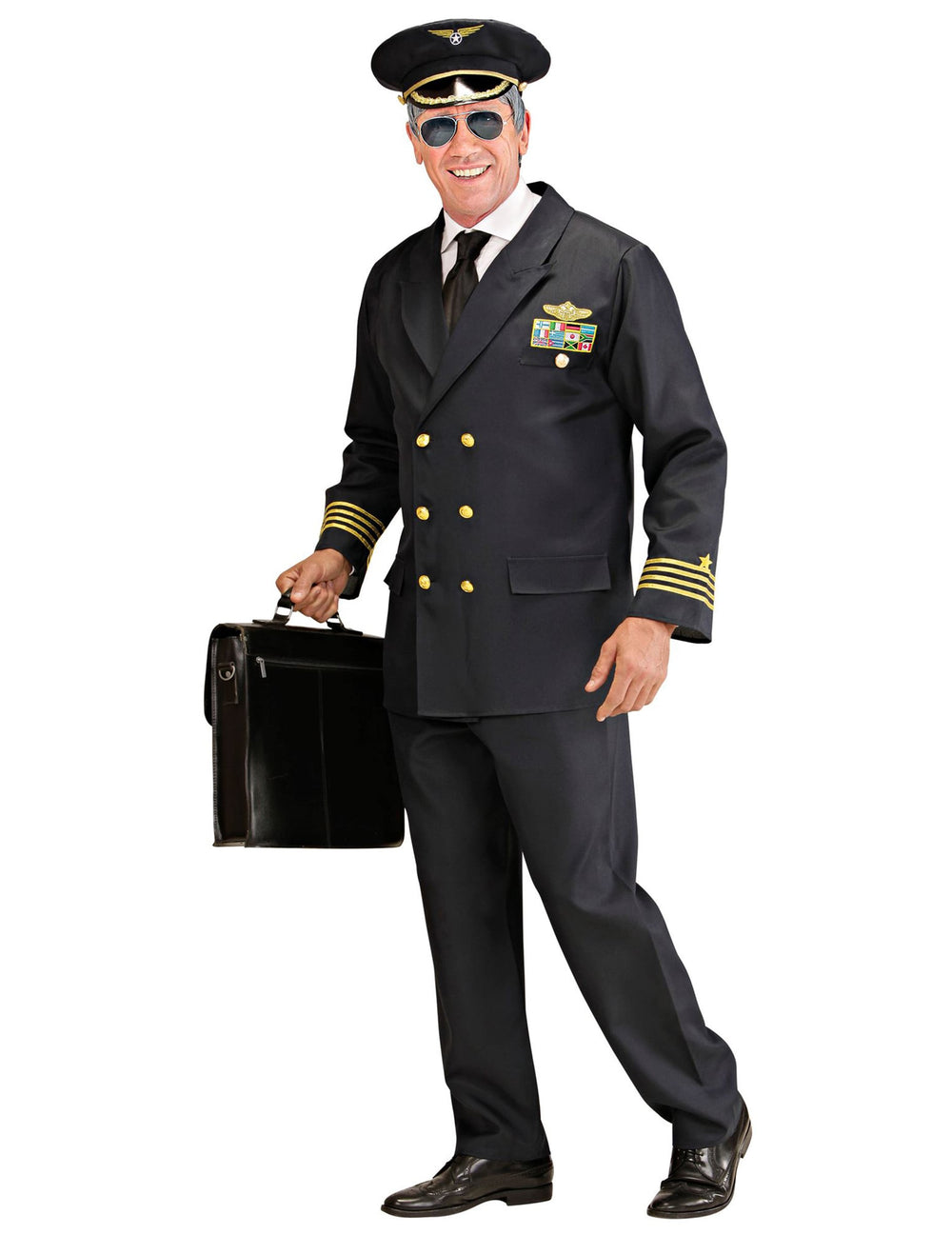 Déguisement de capitaine d'avion pour homme bleu marine avec galons dorés