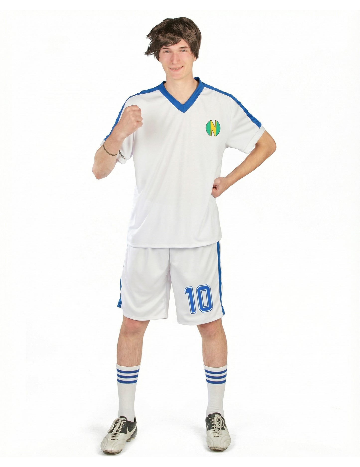 Déguisement de capitaine de football pour homme blanc et bleu avec numéro 10