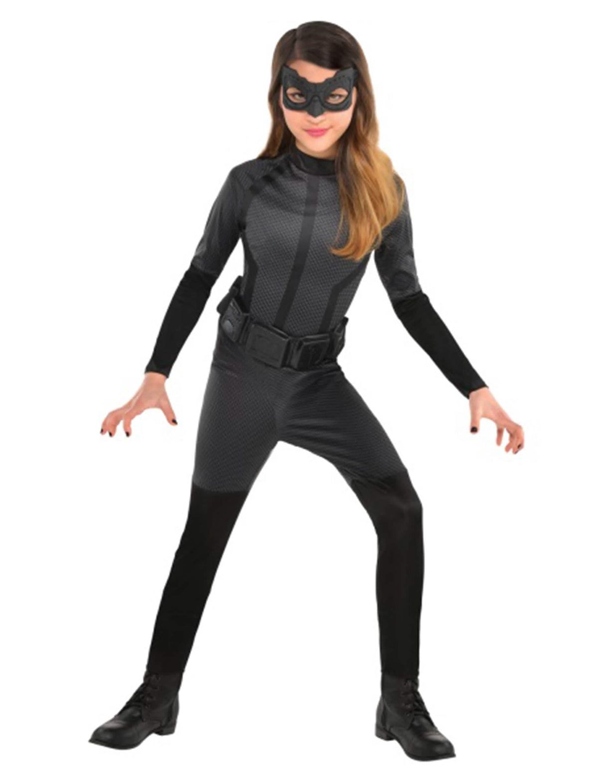 Kostim Catwoman za djevojčica crna i siva s maskom i pojasom