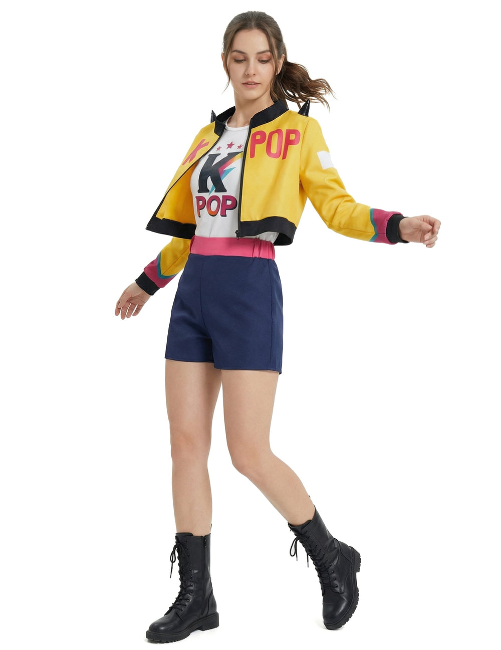 Déguisement chanteuse Kpop pour femme jaune et bleu avec veste courte et short