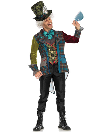 Déguisement chapelier fou luxe pour homme multicolore avec veste patchwork et haut-de-forme