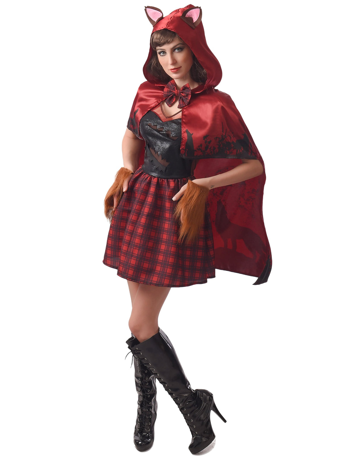 Déguisement chaperon loup garou pour femme rouge avec cape à oreilles et mitaines en fourrure