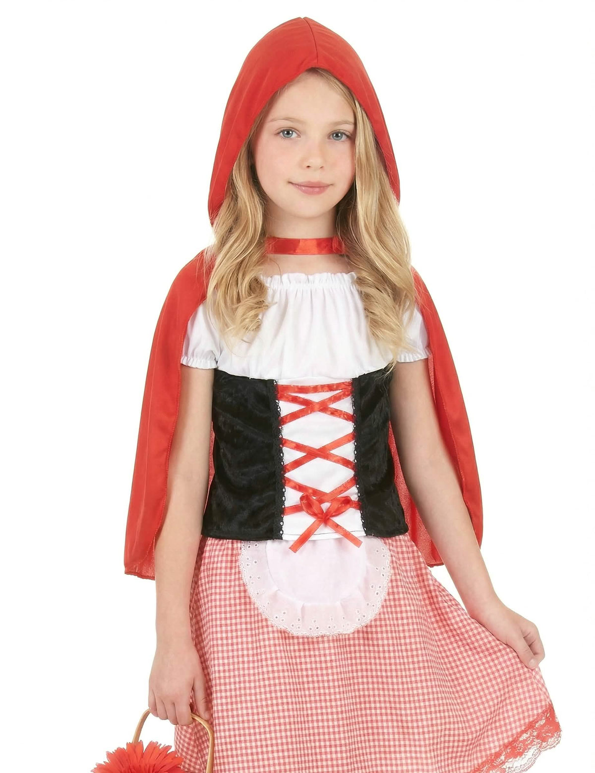 Gros plan sur le bustier et la capuche du déguisement de chaperon rouge basique