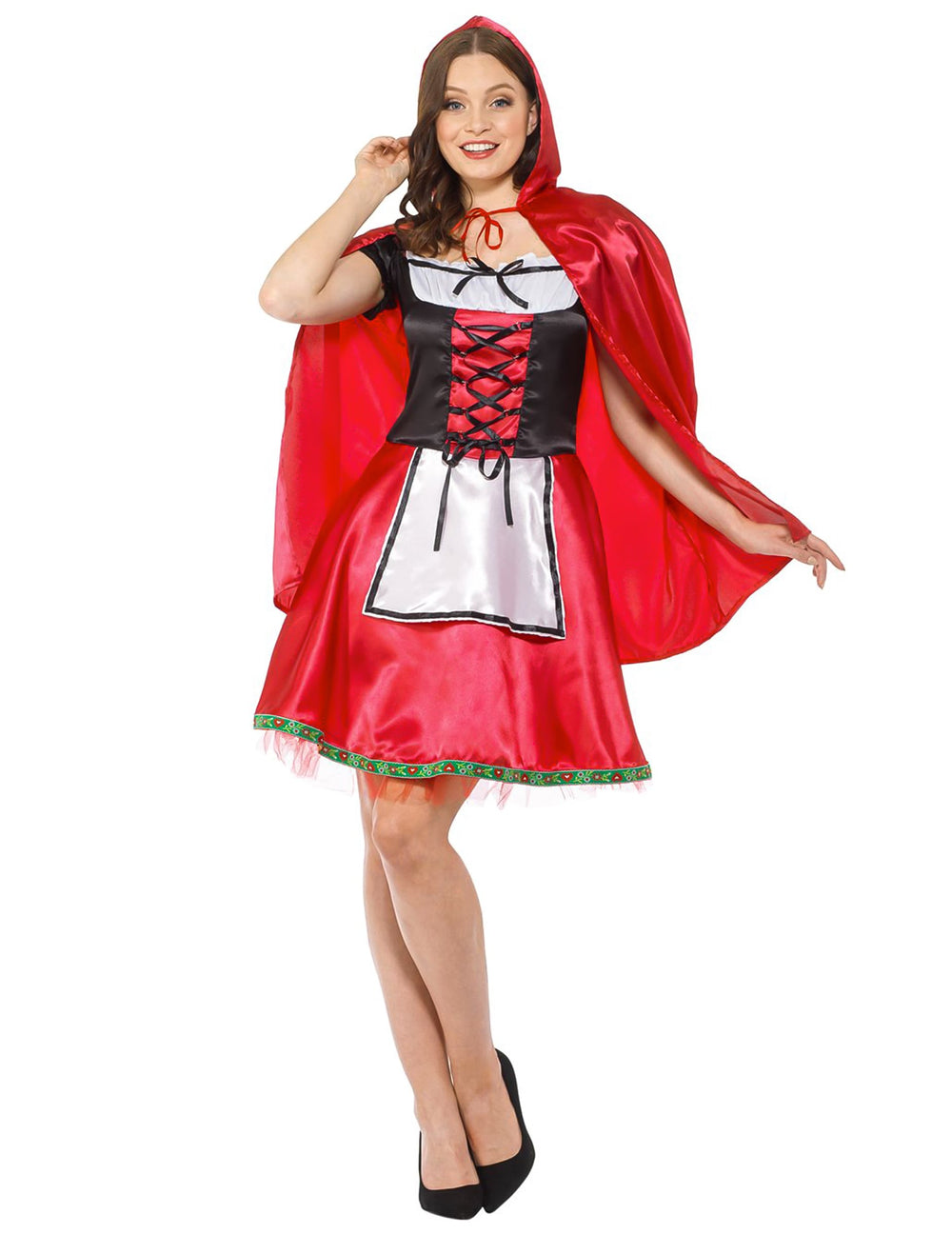 Vue de face du déguisement chaperon rouge classique pour femme