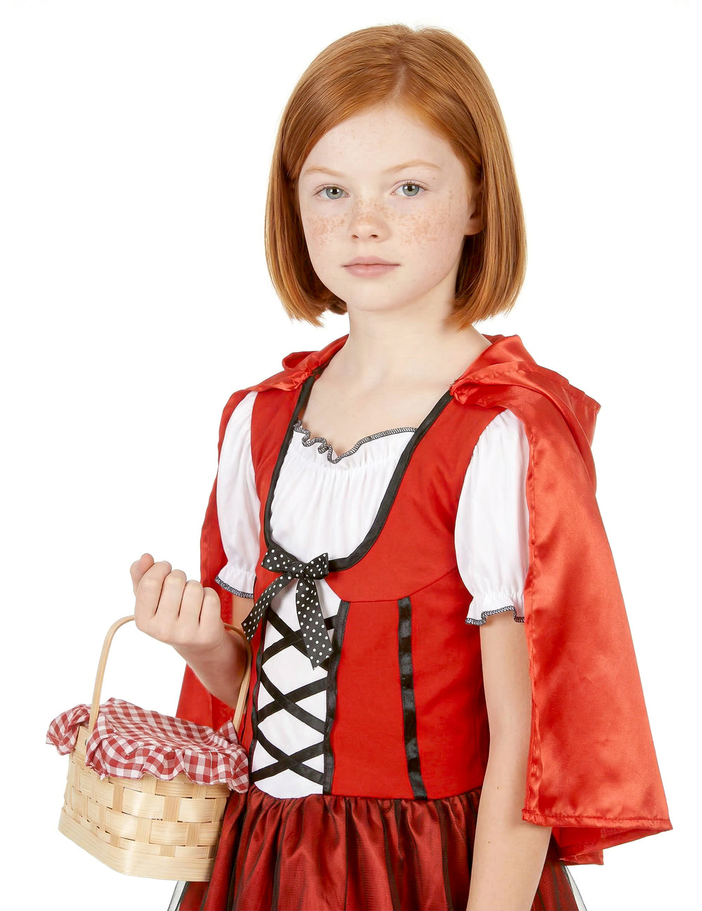 Détail du buste et du panier du déguisement de chaperon rouge pour fille