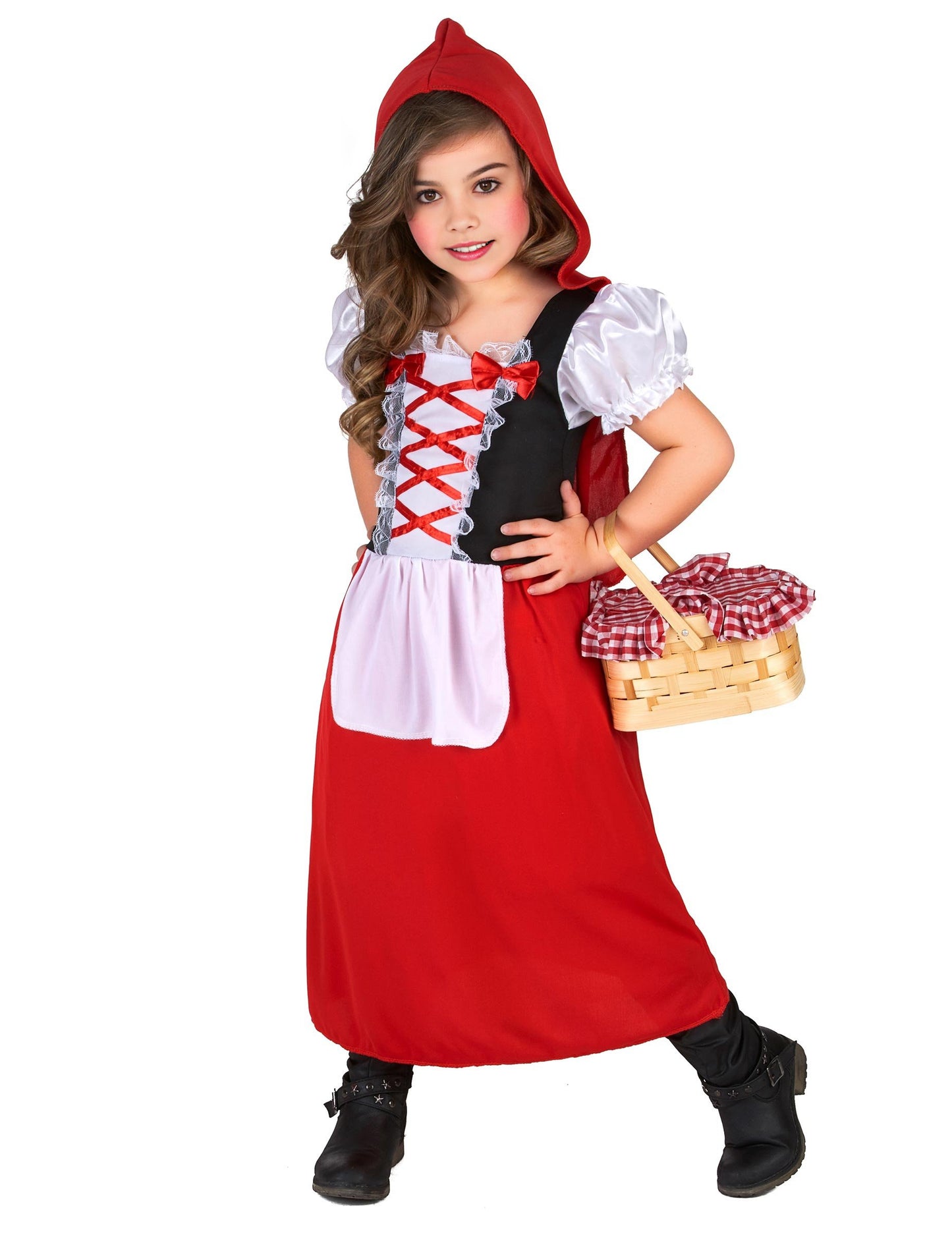 Pogled sprijeda s košaricom dugovanja dugog crvenkapice