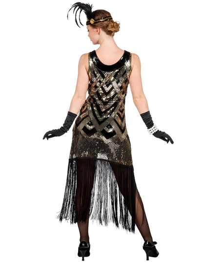 Luksuzni ženski charleston kostim u crnoj i zlatnoj boji sa šljokicama 