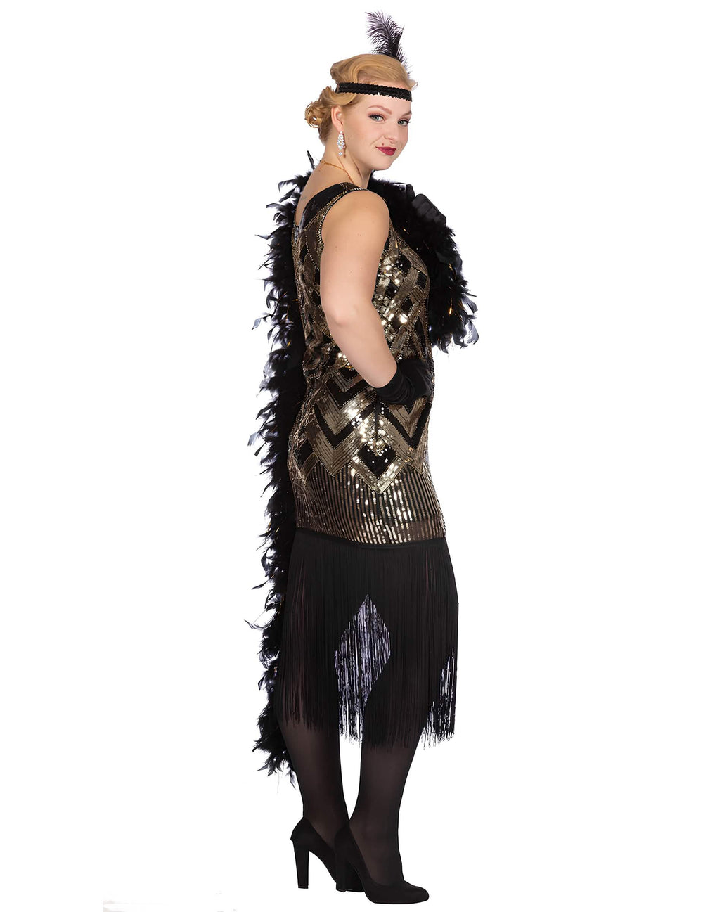 Vue de profil du déguisement Charleston pour femme noir et doré à sequins luxe