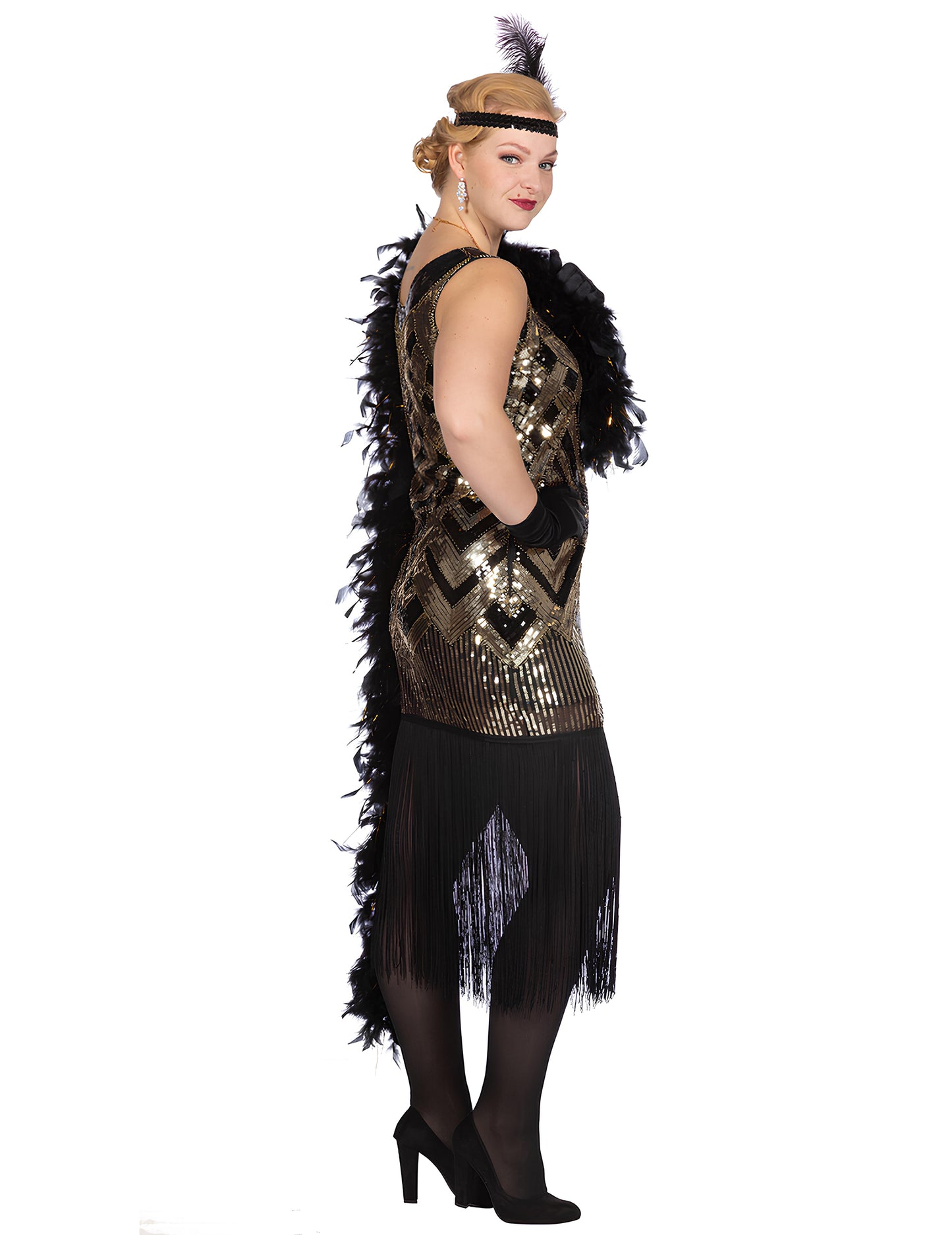 Luksuzni ženski charleston kostim u crnoj i zlatnoj boji sa šljokicama 