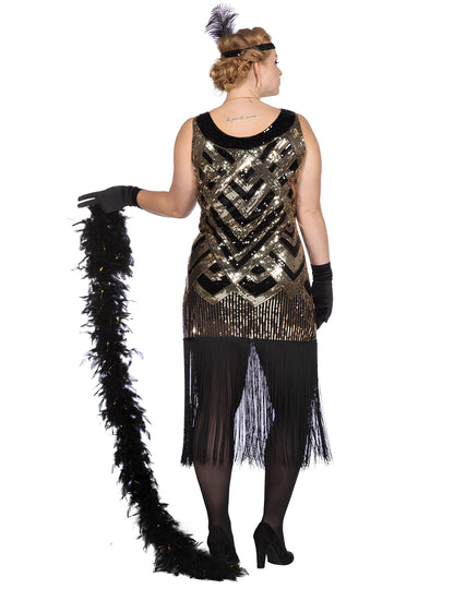 Luksuzni ženski charleston kostim u crnoj i zlatnoj boji sa šljokicama 