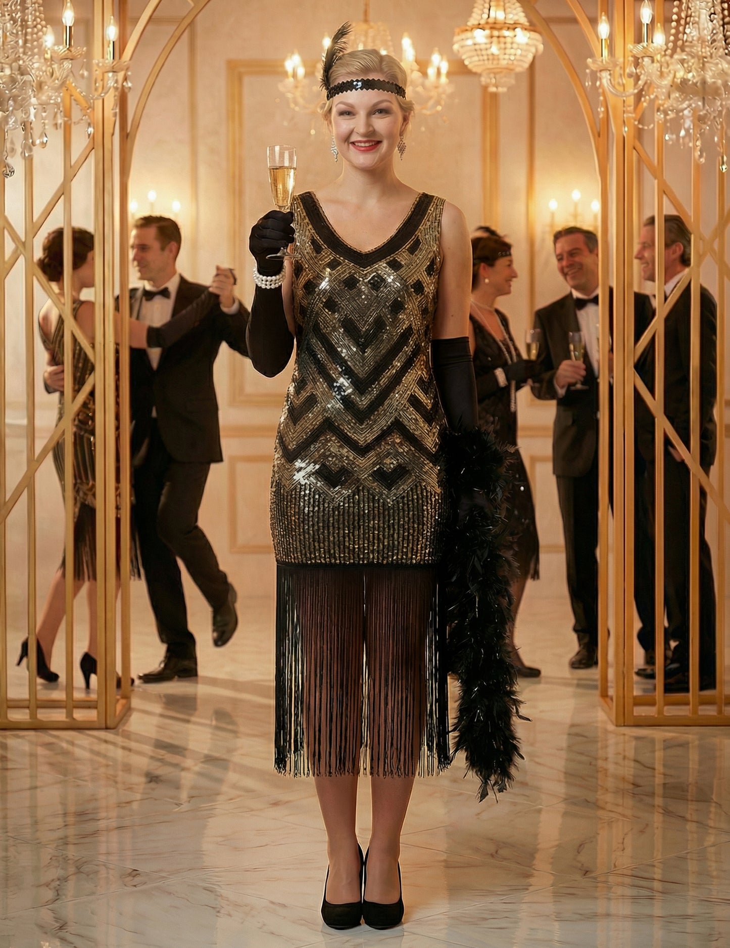 Luksuzni ženski charleston kostim u crnoj i zlatnoj boji sa šljokicama 