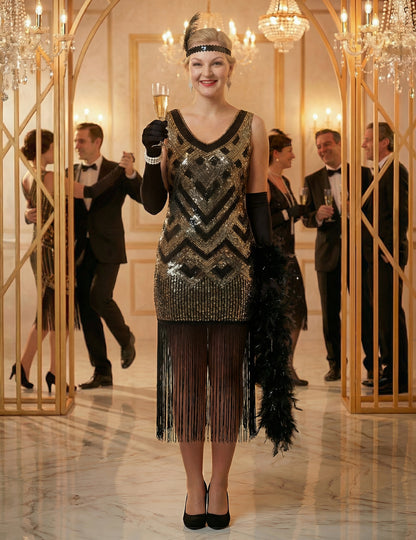 Luksuzni ženski charleston kostim u crnoj i zlatnoj boji sa šljokicama 