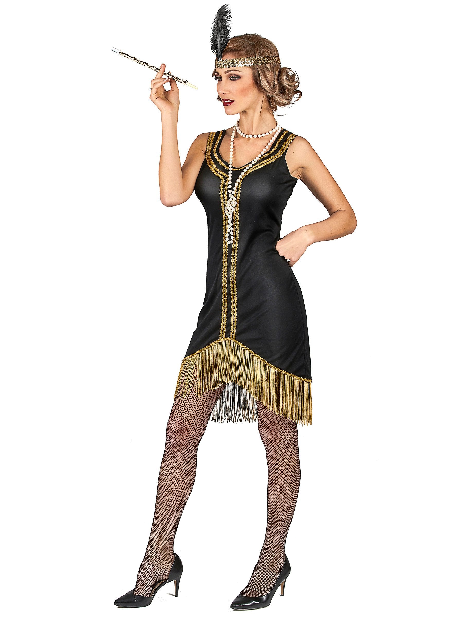 Vue de profil du déguisement Charleston pour femme noir et or à franges
