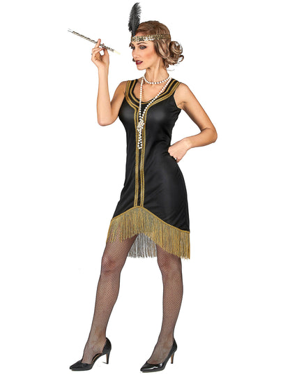 Vue de profil du déguisement Charleston pour femme noir et or à franges