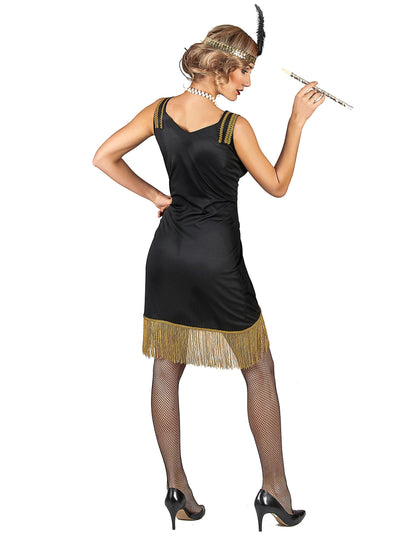 Vue de dos du déguisement Charleston pour femme noir et or à franges
