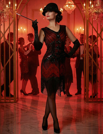 Luksuzni ženski charleston kostim u crvenoj boji sa šljokicama 