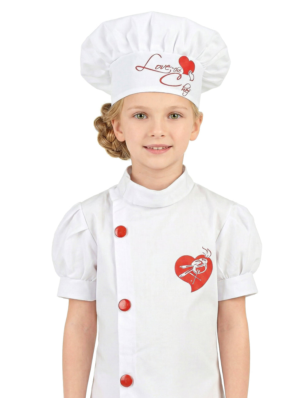 Gros plan sur la toque et le buste du déguisement de chef cuisinier pour fille